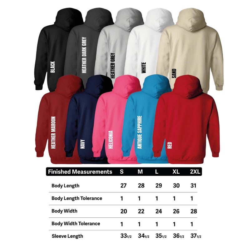 a line of hoodies with measurements for each hoodie