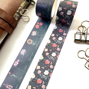 Romantic Botanical Washi Tape, Dark Floral Washi Tape, 30mm x 10m, 1 Roll Washi