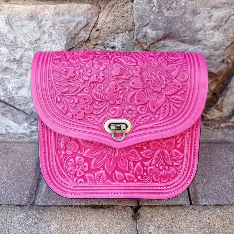 Pink Embossed Leather Bag Pink Shoulder Bag Pink Leather Etsy