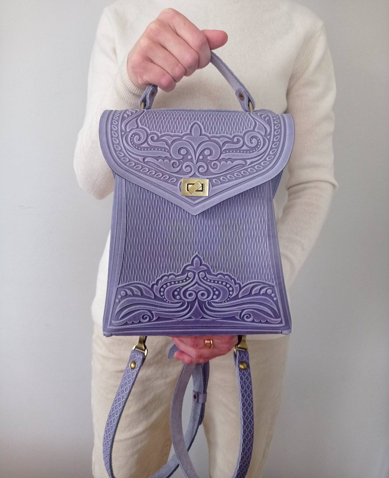 Lavender Leather Embossed Backpack With Unique Ornament Very - Etsy