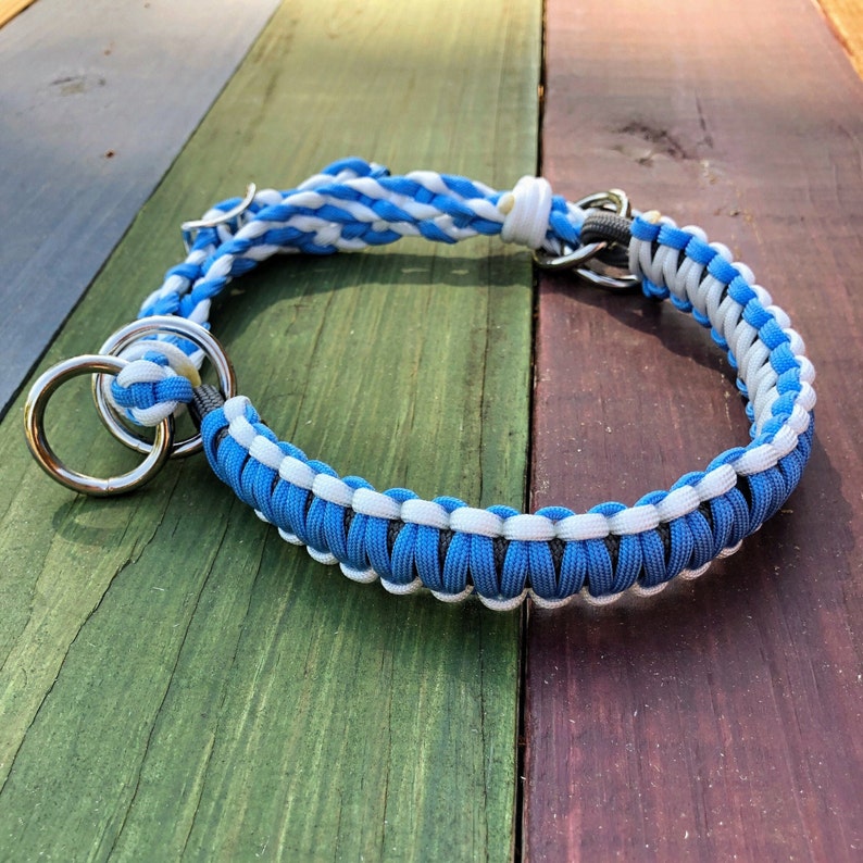 Puede incluir: Un collar de perro de paracord azul y blanco con un anillo en D de metal plateado.