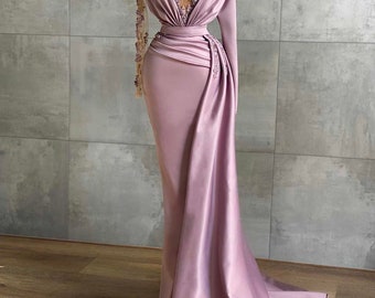 Meerjungfrau Kleid mit Schleppe, Graues Perlen Abendkleid, Benutzerdefinierte Langarm Luxuskleid, Glitzerndes Hochzeitskleid, Designerkleid