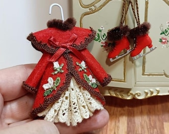 1:12 Christmas girl coat, hanging dollhouse clothes, miniature clothes, dollhouse miniature skates, ice skates, dollhouse girl dress