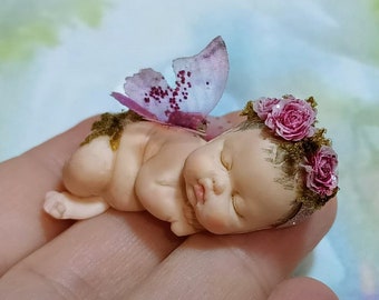 Newborn fairy from a rose, fairy garden baby, pixie, winged baby, miniature baby, fairy doll, baby elf, miniature, gift for her, elves, tiny