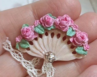 1:12 Hand painted polymer clay dollhouse fan, miniature fan, romantic fan with sculpted roses, collector gift, shabby chic dollhouse