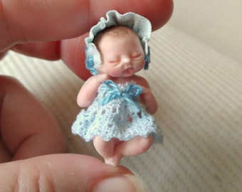 Baby dollhouse, 1:12 miniature baby blue dress, miniature doll, dollhouse family, baby room dollhouse, Collector doll