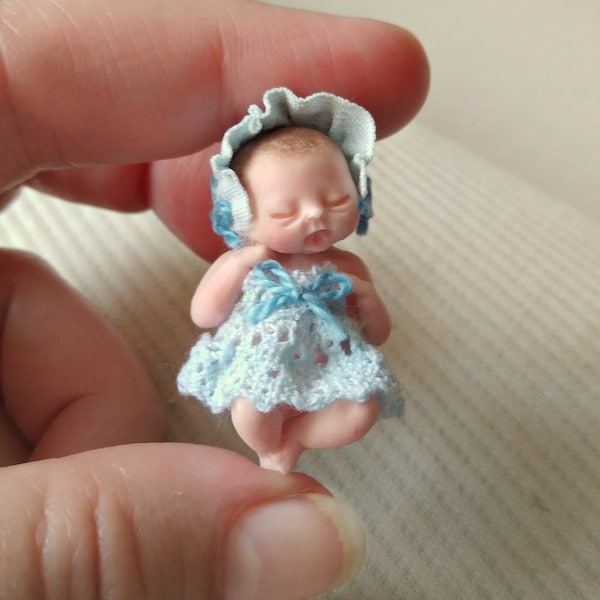 Baby dollhouse, 1:12 miniature baby blue dress, miniature doll, dollhouse family, baby room dollhouse, Collector doll