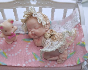 Miniature Baby, Miniature Baby with Antique Lace Clothes, Dollhouse Baby, Dollhouse Doll, Dollhouse Nursery Accessory, Ooak Miniature Baby