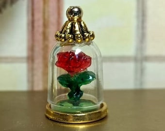 1 :12 Miniature rose in dome, dollhouse beauty and the beast rose, micro flower in glass dome, Tiny rose, eternal rose, mini enchanted rose