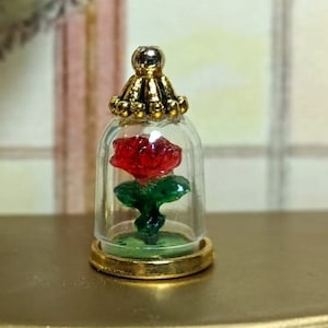 1 :12 Miniature rose in dome, dollhouse beauty and the beast rose, micro flower in glass dome, Tiny rose, eternal rose, mini enchanted rose