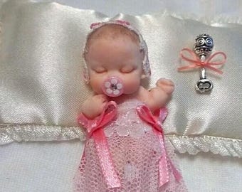 Miniature Baby, Miniature Baby with Pink Dress, Dollhouse Baby, Dollhouse Doll, Dollhouse Nursery Accessory, Ooak Miniature Baby
