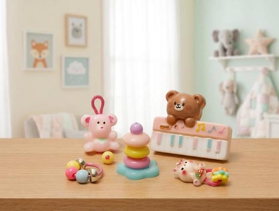 1:12 Vintage style miniature baby toys, Teether, rattle, toy piano, miniature baby activities, nursery toy set, Dollhouse baby doll gift