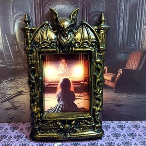 Haunted mirror, haunted dollhouse, ghost of a girl in the mirror, spooky painting, Gothic mural art, halloween, cabinet of curiosities