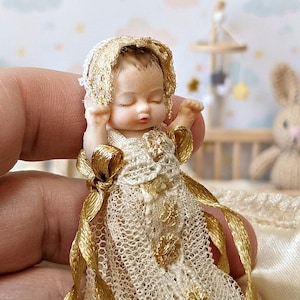Victorian miniature baby doll , Miniature baby with antique lace dress, baby, mini baby in antique lace christening gown, Dollhouse doll