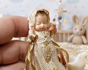 Victorian miniature baby doll , Miniature baby with antique lace dress, baby, mini baby in antique lace christening gown, Dollhouse doll