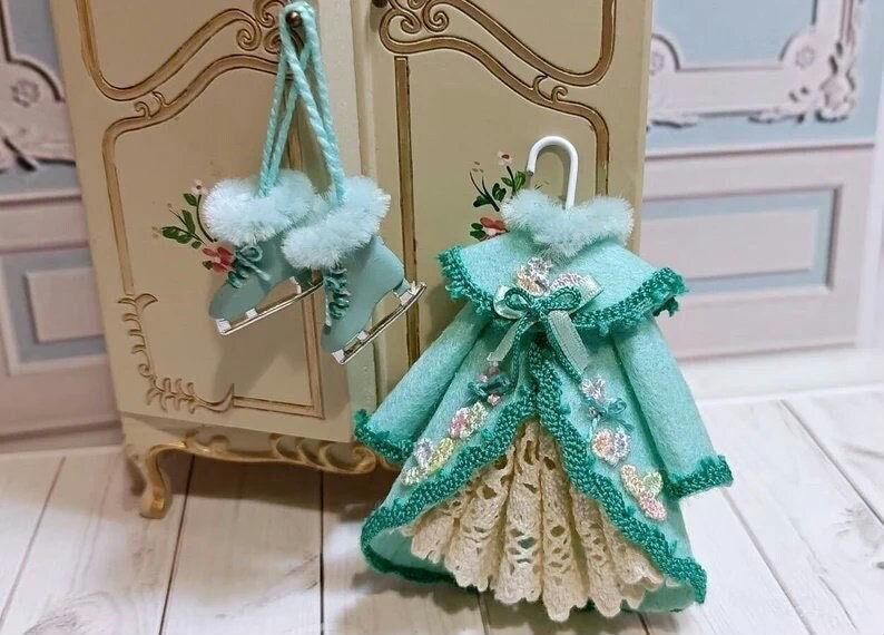 1:12 Dollhouse Girl's Coat for Hanging, Dollhouse Clothes, Dollhouse Miniature Skates, Ice Skates, dollhouse girl dress