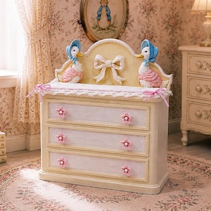 Dollhouse Dresser & Baby Changing Table, 1:12 Scale, Hand Painted, Jemima Puddle Duck, Beatrix Potter Nursery Furniture
