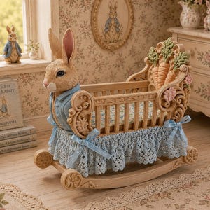 May include: A decorative rocking cradle featuring a sculpted Peter Rabbit figure wearing a blue jacket. The cradle has a light wood finish, ornate scrollwork, carved carrot accents, a blue lace skirt with matching bows, and a floral patterned mattress.