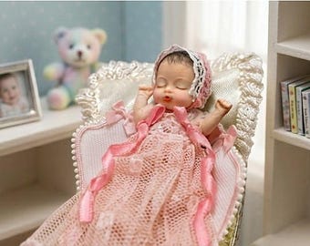 1:12 miniature baby doll, dollhouse baby, pink lace dress, christening doll, dollhouse accessory, handmade doll, miniature figurine