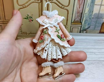 Pink coat for 1:12 scale doll, dollhouse clothes, miniature pink ice skates for dollhouse, ice skates, dress for girl, winter dollhouse