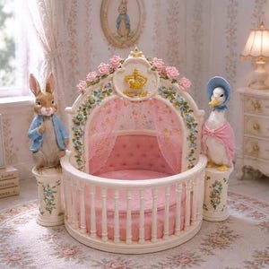 Könnte beinhalten: Ein rundes weißes Kinderbett mit rosafarbenem, gestepptem Innenraum, rosa Spitzenhimmel und Blumenverzierungen. Eine Peter-Hase-Figur steht links auf einem Blumensockel, eine Jemima-Puddle-Duck-Figur rechts auf einem passenden Sockel.
