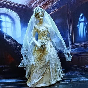 May include: A porcelain doll dressed in a white wedding gown with a lace veil. The doll is standing in a dark, gothic-style room with a staircase and a painting of a ghost in the background.