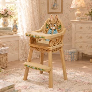 Può includere: Un seggiolone in legno di colore chiaro caratterizzato da uno schienale intagliato con una figura dipinta di Peter Rabbit che indossa una giacca blu. La sedia include un vassoio e un poggiapiedi, entrambi decorati con piccoli fiori blu e foglie verdi.