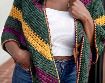 Large Crochet Triangle Shawl Crochet Pattern, Easy Crochet Striped Shawl Pattern, Crochet Cardigan