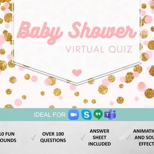 Virtual Baby Shower Quiz, Virtual Baby Shower Games, Zoom Baby Shower, Powerpoint Quiz, Online Baby Shower for Girls, Gold Confetti, PG1