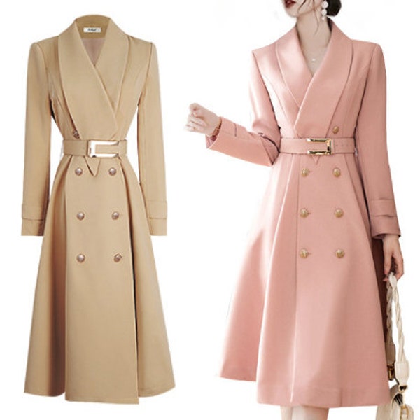 Free Shipping Elegant Dress Blazer Dress Pink Beige Long Sleeves Dress Working Dress Double Breasted Suit Trench Dress Classic Dress