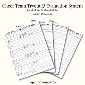May include: A stack of white paper forms for cheer team tryouts and evaluations. The forms include sections for technique, execution, and presentation, with space for comments and scores. Text on the forms reads "Cheer Team Tryout & Evaluation System" and "Editable & Printable."