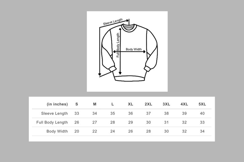 Puede incluir: Tabla de tallas para una sudadera en pulgadas. La tabla muestra las medidas de la longitud de la manga, la longitud total del cuerpo y el ancho del cuerpo para las tallas S a 5XL.