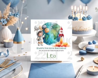Personalised Space Birthday Card | Astronaut Rocket Planets (Custom Name Age)