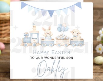 Personalised Easter Card for Son | Pastel Train, Bunny & Lamb