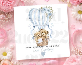 Personalise Mother’s Day Bear Balloon Card – 6x6 Inch Custom Message Card – Choose Your Color