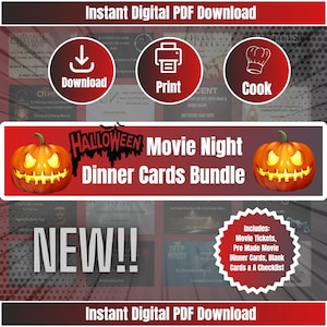 ¡NUEVO! 31 tarjetas imprimibles para cenas de Halloween con temática de terror para adultos mayores de 18 años, descarga digital instantánea, entradas, menús y lista de verificación incluidos.