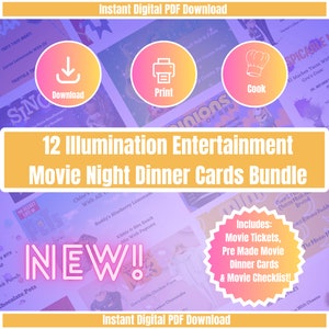 ¡NUEVO! 12 tarjetas imprimibles para cenas de cine, descarga digital instantánea, entradas, menús y lista de verificación incluidos. Niños, Noche de cita.