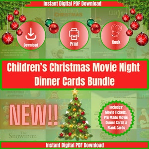 NEW! 52 CHRISTMAS Movie Night Dinner Printable Cards, Instant Digital Download, Tickets, Menus and Checklist Included. Kids, Date Night.