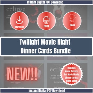 NOWOŚĆ! 5 kart do wydrukowania na kolację Vampire Movie Night, natychmiastowe pobranie cyfrowe, bilety, menu i lista kontrolna w zestawie. Dzieci, wieczór randkowy.