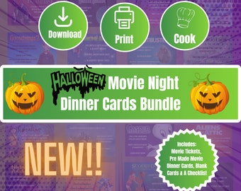 NEW! 31 Halloween Movie Night Dinner Printable Cards, Instant Digital Download, Tickets, Menus and Checklist Included. Kids, Date Night.