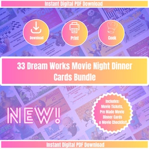 NEW! 33 Movie Night Dinner Printable Cards, Instant Digital Download, Tickets, Menus and Checklist Included. Kids + Date Night