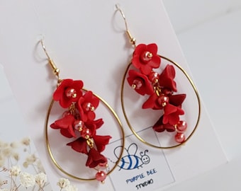 Handmade Red Floral Hoop Earrings, Polymer Clay Flower Jewelry