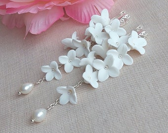 Handmade Polymer Clay Flower Earrings, Pearl Bridal Jewelry