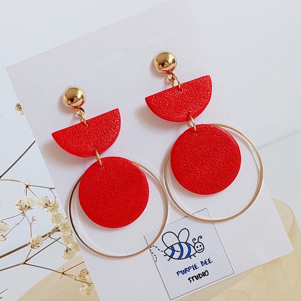 Red Earrings Flat Minimalist Earrings Long Hoop Red Earrings Handmade  Gift For Her