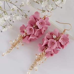 Pink Floral Earrings Long, Blush Pink Earrings, Floral Jewelry, Bridesmaid Earrings, Bridal Party Earrings, Anniversary Gift