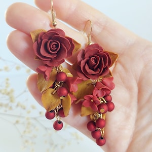 Red Rose Earrings Long Wedding Flower Earrings Handmade, Birth Flower Earrings,  Flower Jewelry Handmade Gift For Her