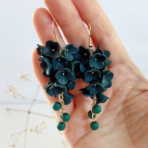 Long Flower Earrings Royal Emerald Bridesmaid Earrings Floral Jewelry, Wedding Jewelry Handmade Gift Hor her
