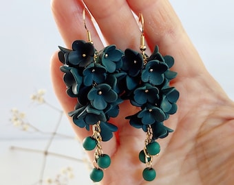 Long Flower Earrings Royal Emerald Bridesmaid Earrings Floral Jewelry, Wedding Jewelry Handmade Gift Hor her