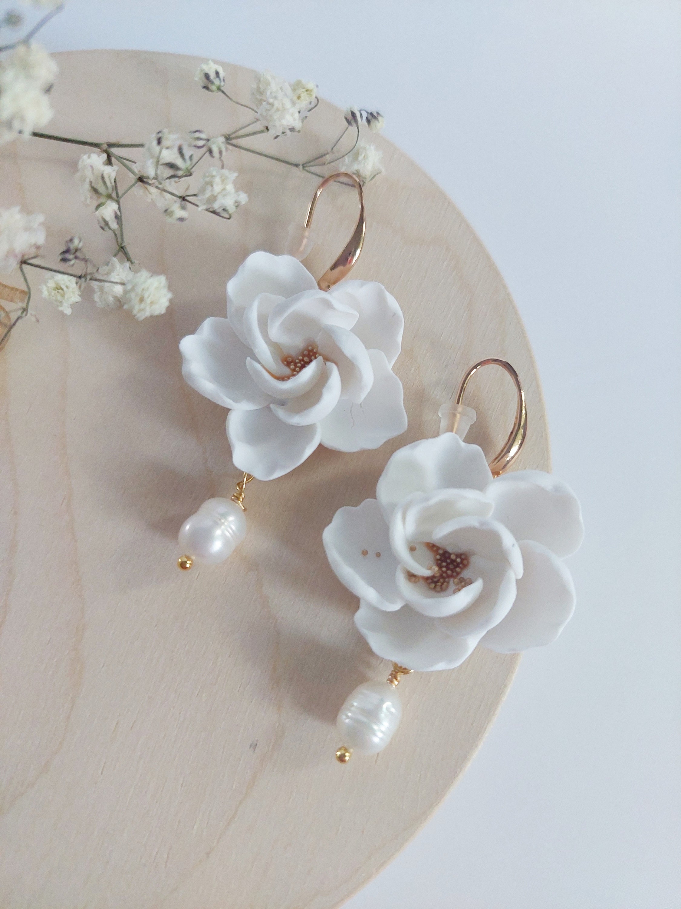 Flower Earrings White Bridal Pearl Earrings Wedding Floral Earrings ...