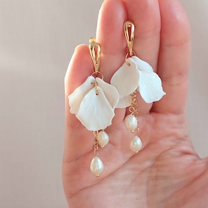 White Flower Petal Earrings Wedding Flower Earrings Bridal Earrings Floral Jewelry Handmade  Gift For Her